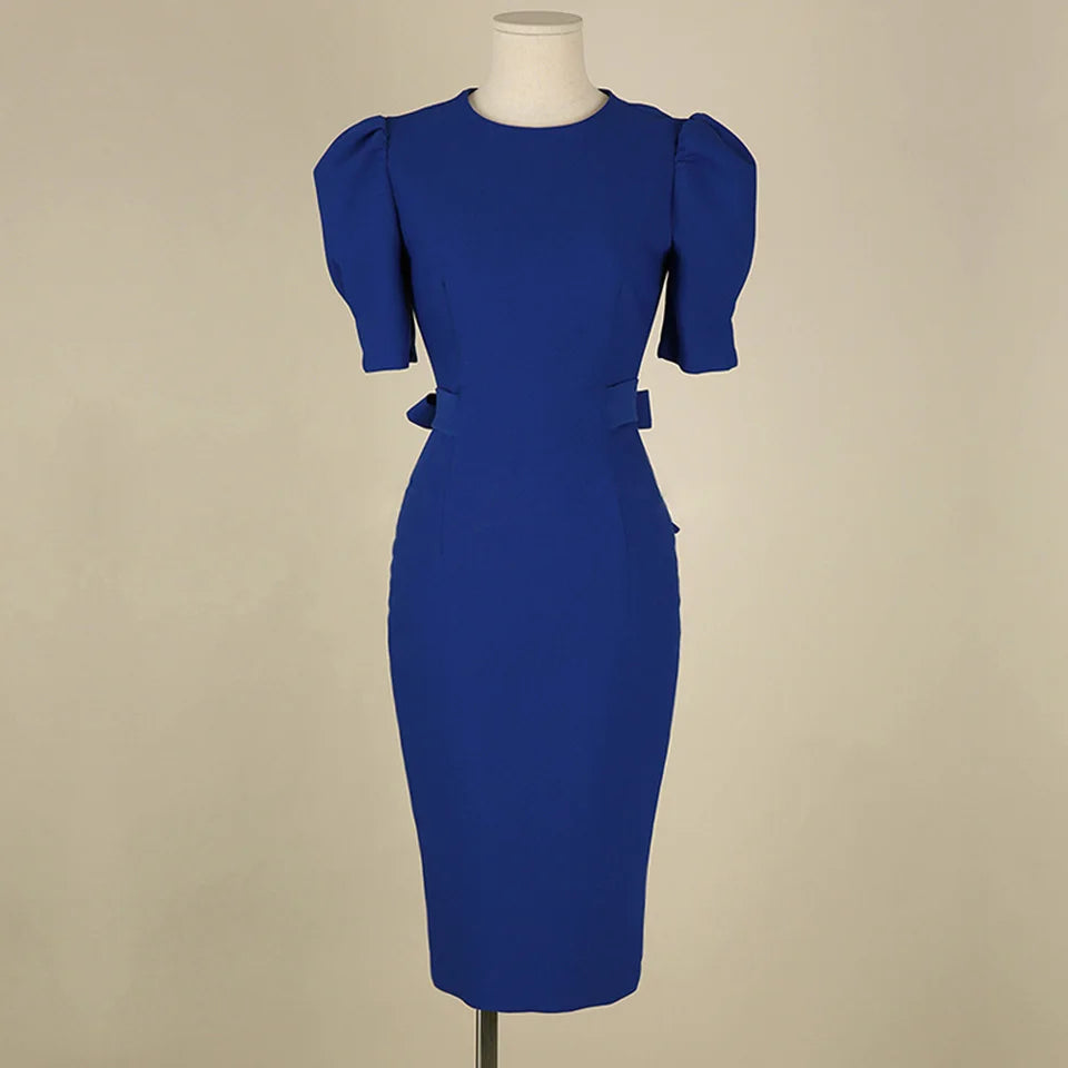 Blue Office Lady Dress 2024 Spring High Waist Pencil Fashion Simple Puff SleeveTemperament Women Elegant Party Dress Women