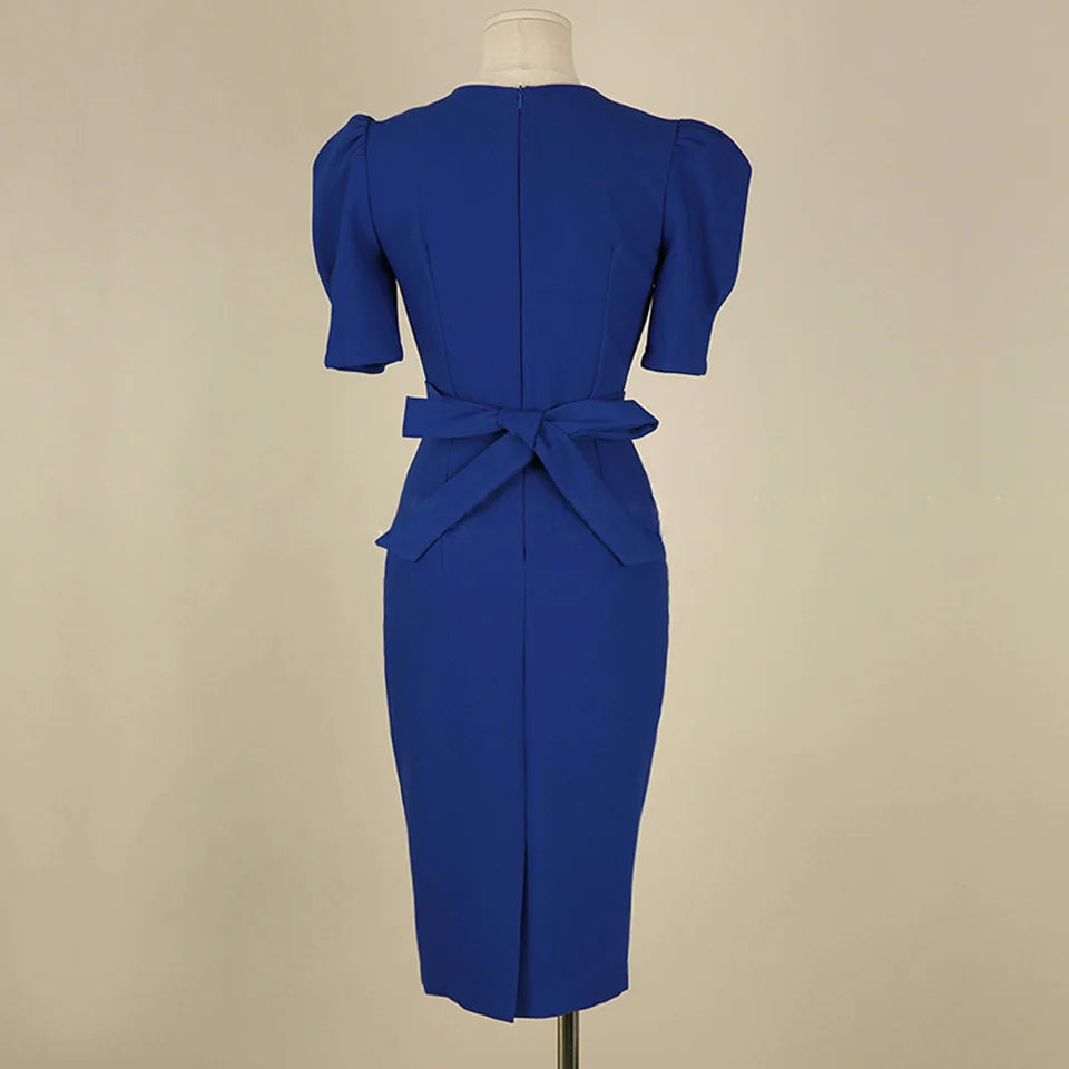 Blue Office Lady Dress 2024 Spring High Waist Pencil Fashion Simple Puff SleeveTemperament Women Elegant Party Dress Women