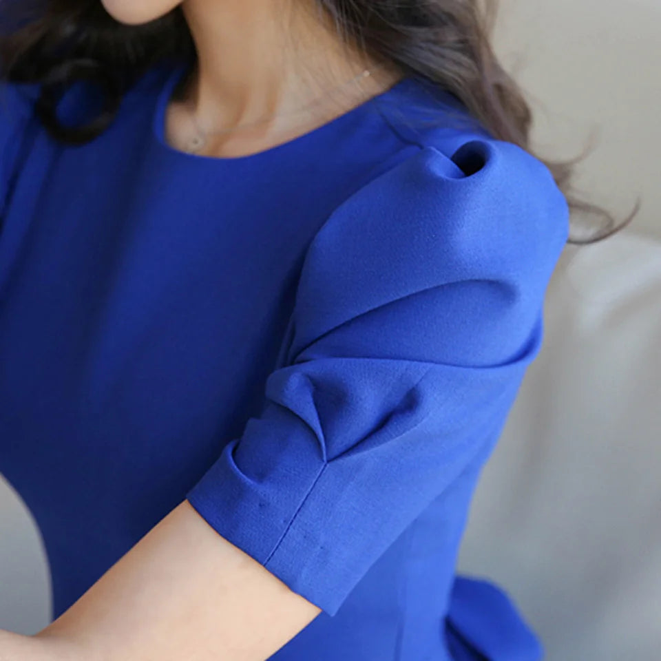 Blue Office Lady Dress 2024 Spring High Waist Pencil Fashion Simple Puff SleeveTemperament Women Elegant Party Dress Women