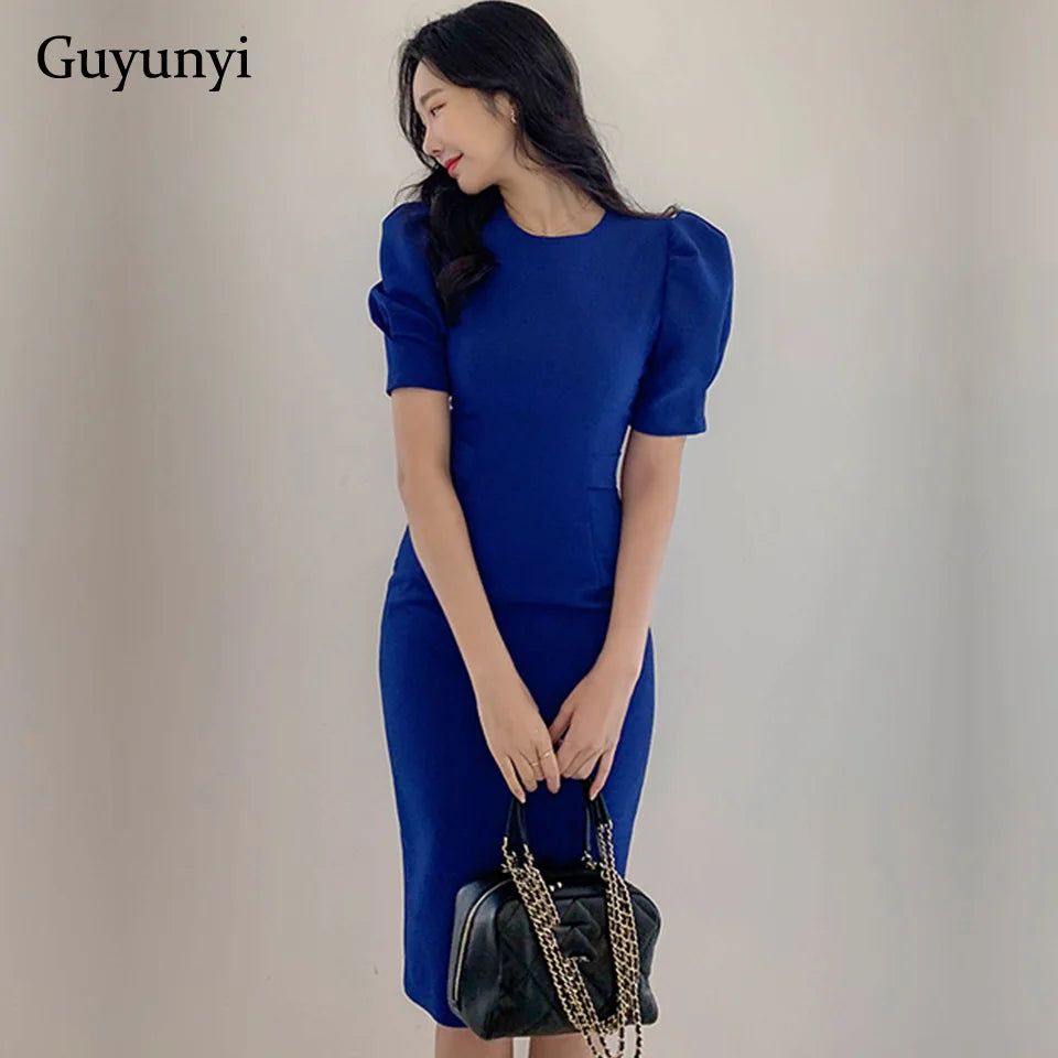 Blue Office Lady Dress 2024 Spring High Waist Pencil Fashion Simple Puff SleeveTemperament Women Elegant Party Dress Women