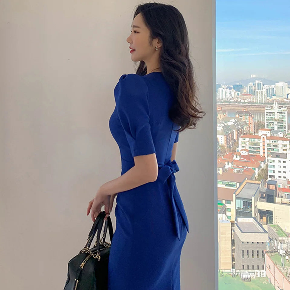 Blue Office Lady Dress 2024 Spring High Waist Pencil Fashion Simple Puff SleeveTemperament Women Elegant Party Dress Women
