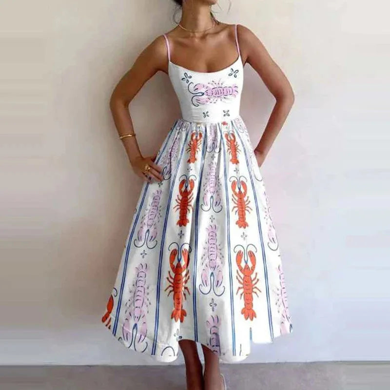 VEITCHE Fashion Women Print Suspenders Blue Ocean Fish Pattern Sexy Long dress New Spring Summer 2025 Temperament Maxi Dresses
