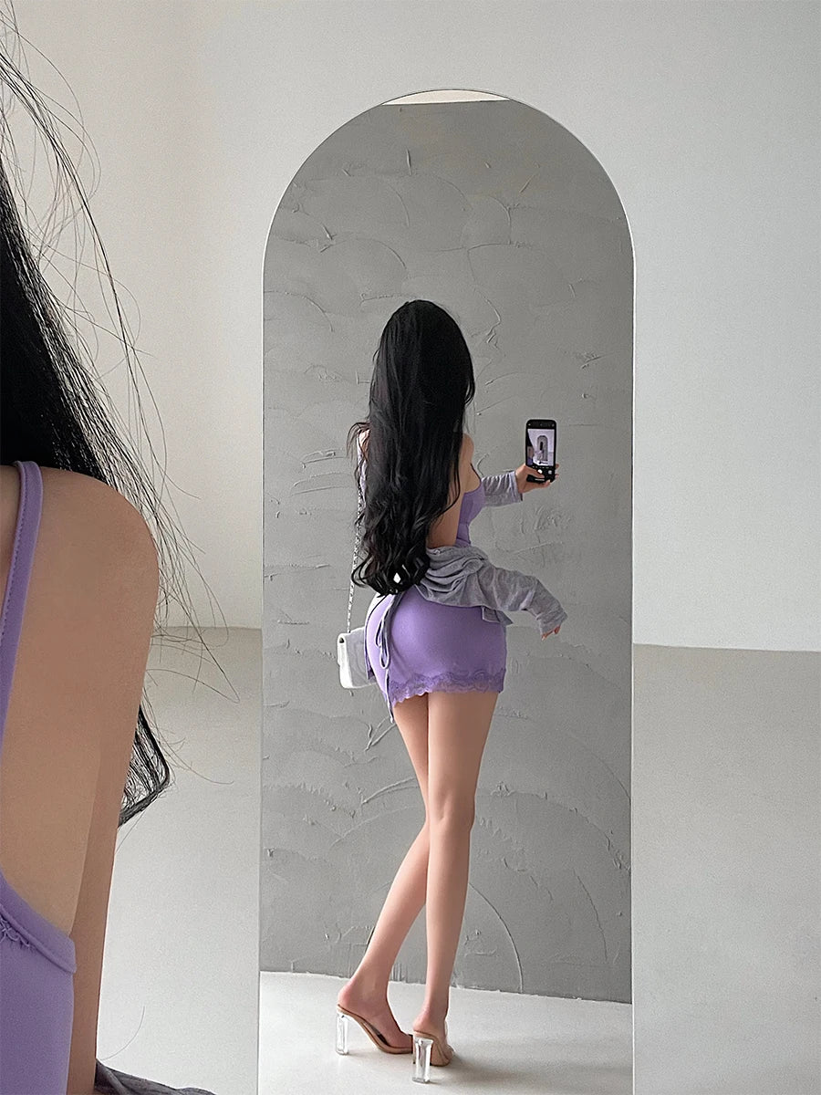 Pure Desire Sexy Lace Hanging Strap Wrapped Hip Dress Elegant Short Purple Sweet Fashion Sexy Women Mini Dress Tops R3SU