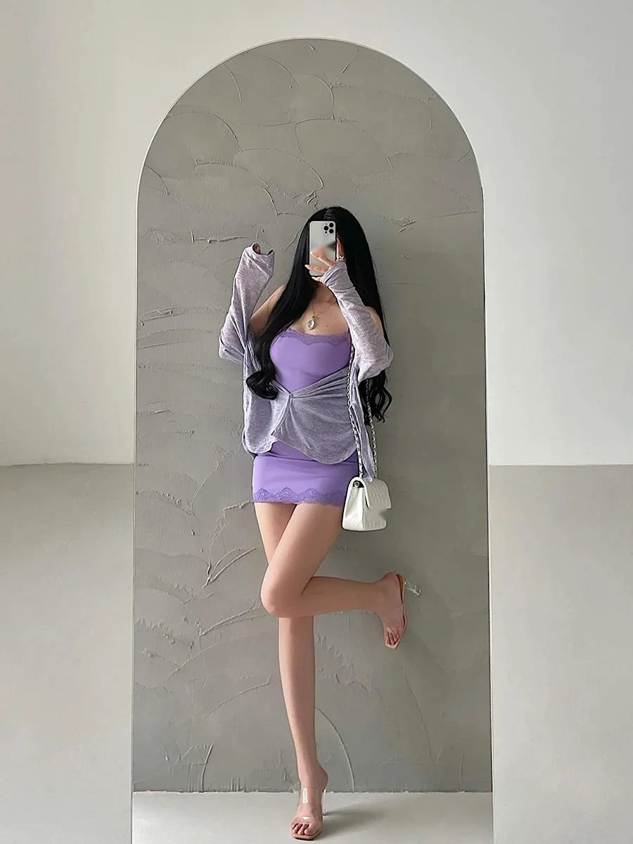 Pure Desire Sexy Lace Hanging Strap Wrapped Hip Dress Elegant Short Purple Sweet Fashion Sexy Women Mini Dress Tops R3SU