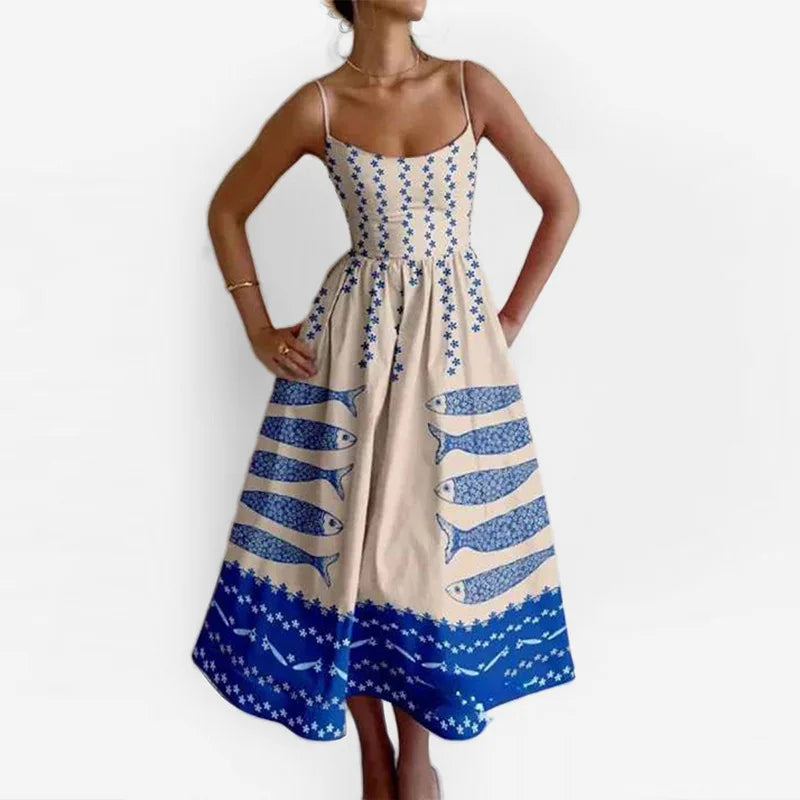 VEITCHE Fashion Women Print Suspenders Blue Ocean Fish Pattern Sexy Long dress New Spring Summer 2025 Temperament Maxi Dresses