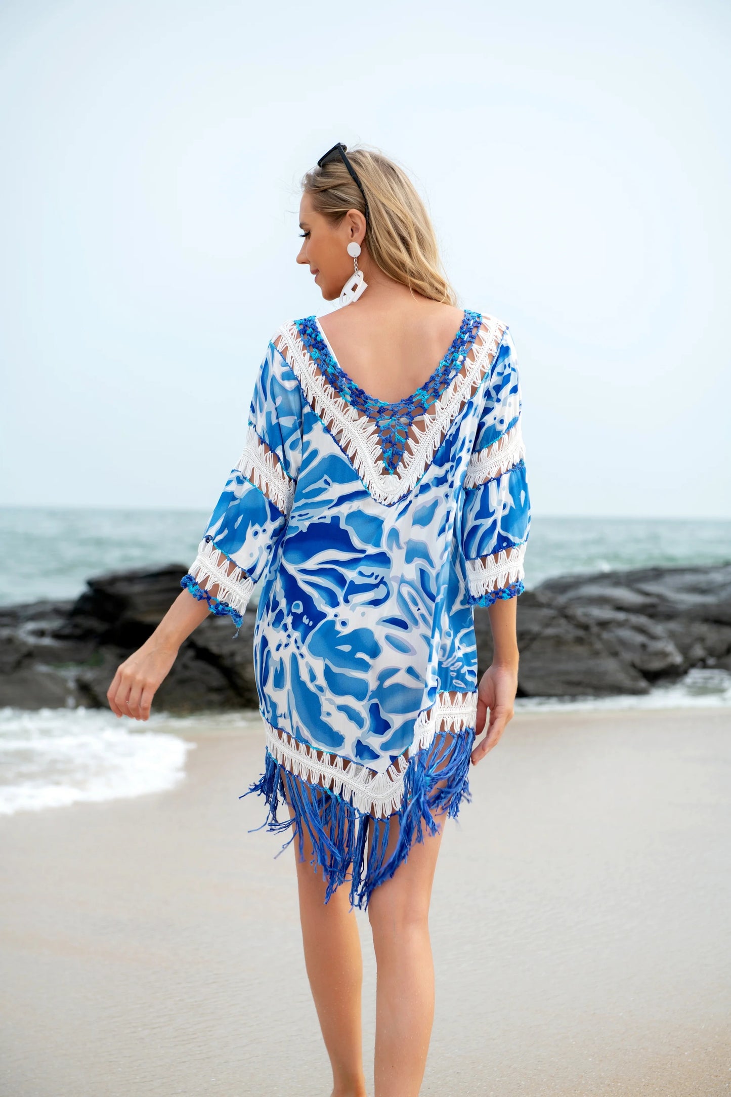 H80&S90 New Women Summer Crochet Beach Dress Cover Up Tank Tops Hollow Out Long Sleeve Bathing Tunic Handmade Swimwear Pullover