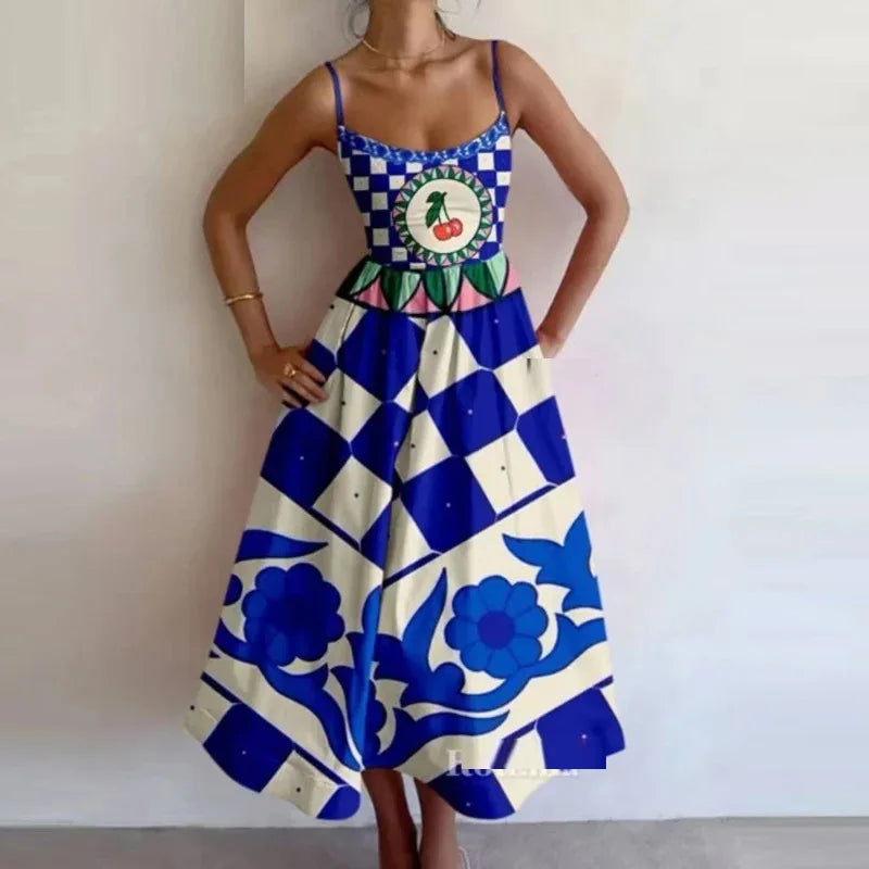 VEITCHE Fashion Women Print Suspenders Blue Ocean Fish Pattern Sexy Long dress New Spring Summer 2025 Temperament Maxi Dresses