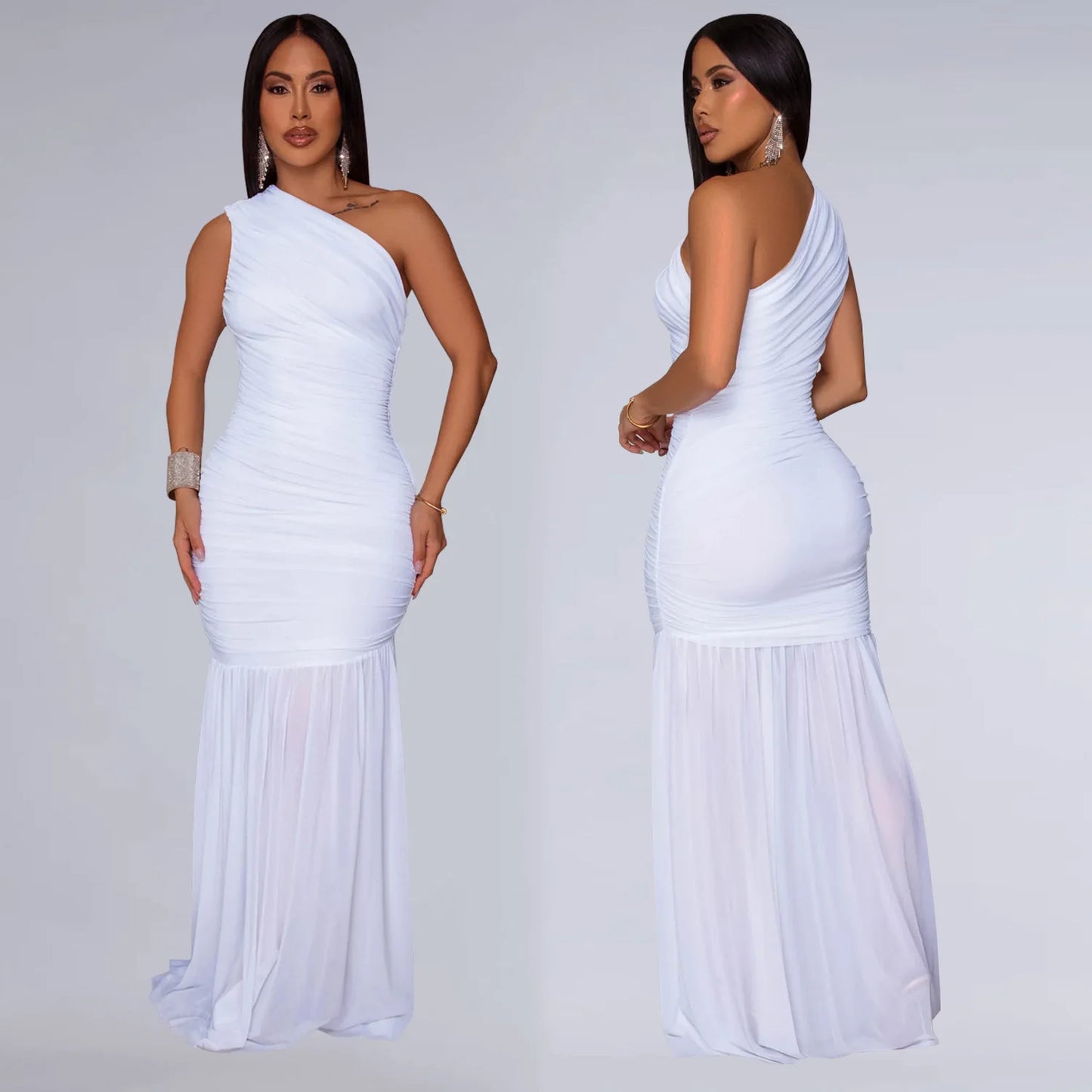 CM.YAYA Women Sleeveless Oblique Shoulder Mesh Ruched Long Maxi Dress 2025 Streetwear Evening Birthday Party Dresses Vestidos
