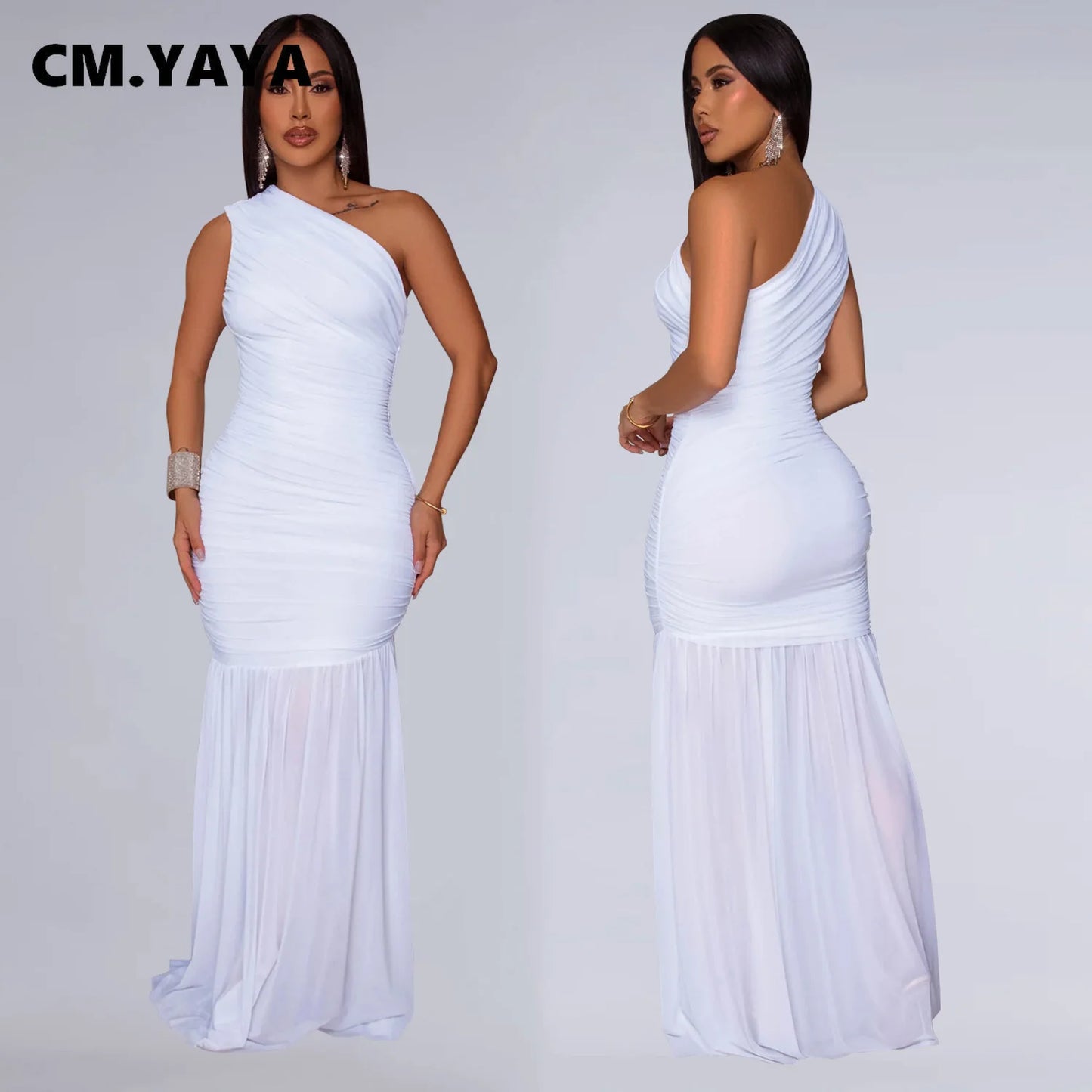 CM.YAYA Women Sleeveless Oblique Shoulder Mesh Ruched Long Maxi Dress 2025 Streetwear Evening Birthday Party Dresses Vestidos