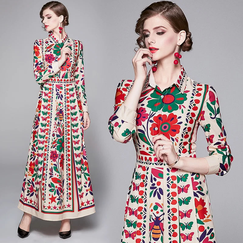 Banulin New 2024 Spring Long Maxi Dress Women's Turn Down Neck Long Sleeve Charming Floral Print Bohemia Casual Runway Dresses