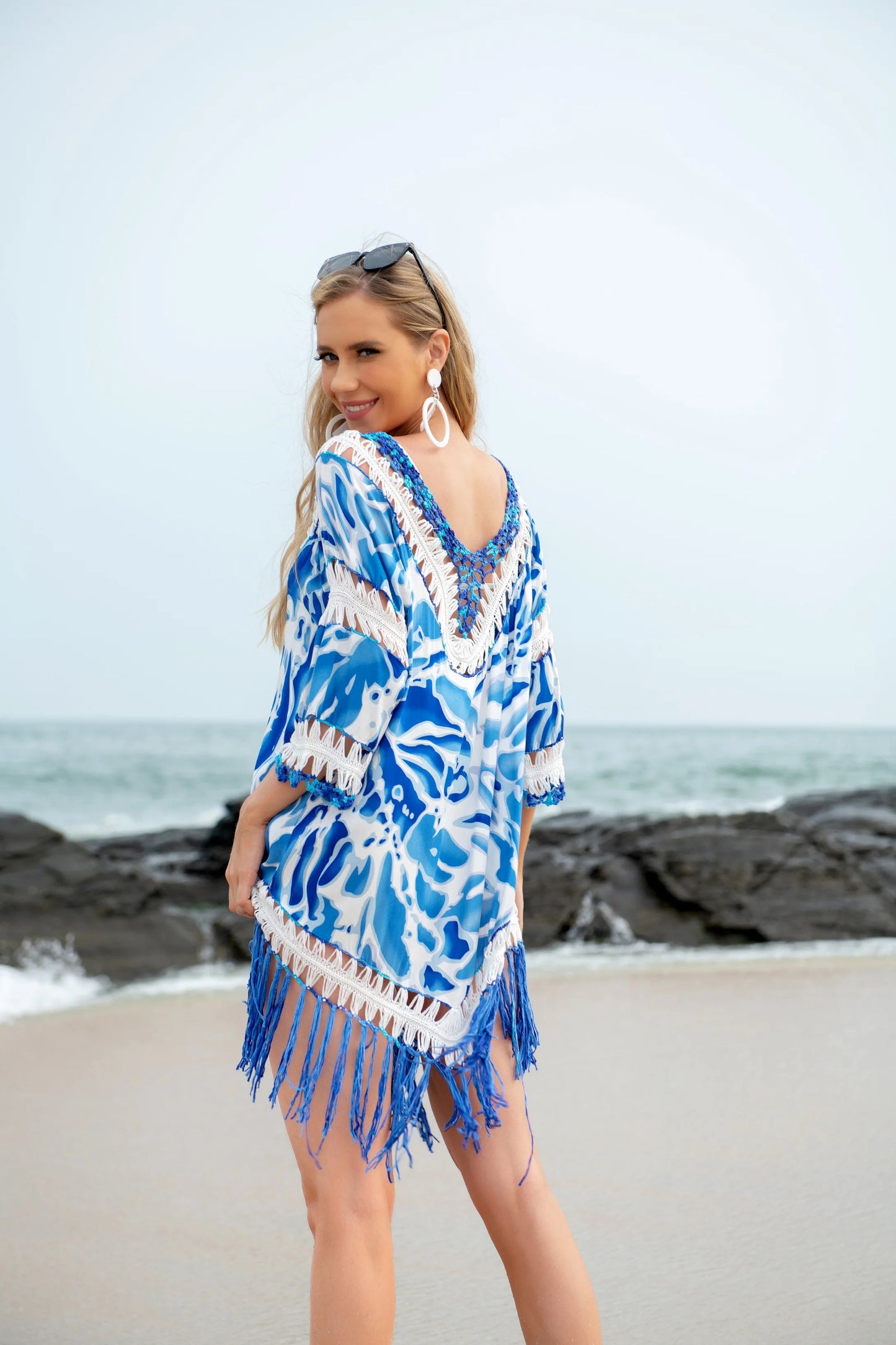 H80&S90 New Women Summer Crochet Beach Dress Cover Up Tank Tops Hollow Out Long Sleeve Bathing Tunic Handmade Swimwear Pullover