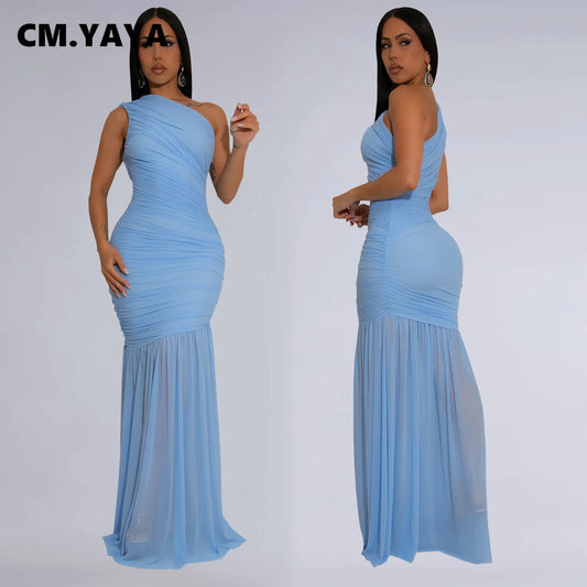 CM.YAYA Women Sleeveless Oblique Shoulder Mesh Ruched Long Maxi Dress 2025 Streetwear Evening Birthday Party Dresses Vestidos