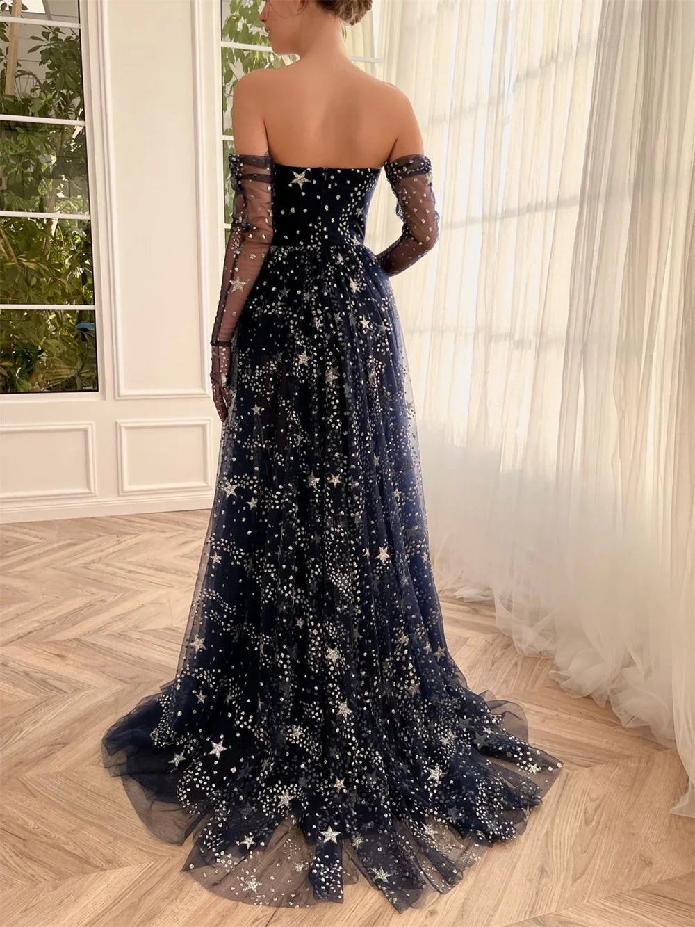 Cathy Fairy A-line فساتين السهرة Dark Blue Star Prom Dress Strapless Customized Party Dresses Sexy Side Split Vestidos De Noche