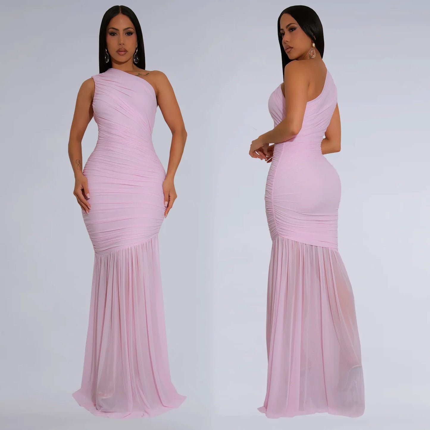 CM.YAYA Women Sleeveless Oblique Shoulder Mesh Ruched Long Maxi Dress 2025 Streetwear Evening Birthday Party Dresses Vestidos