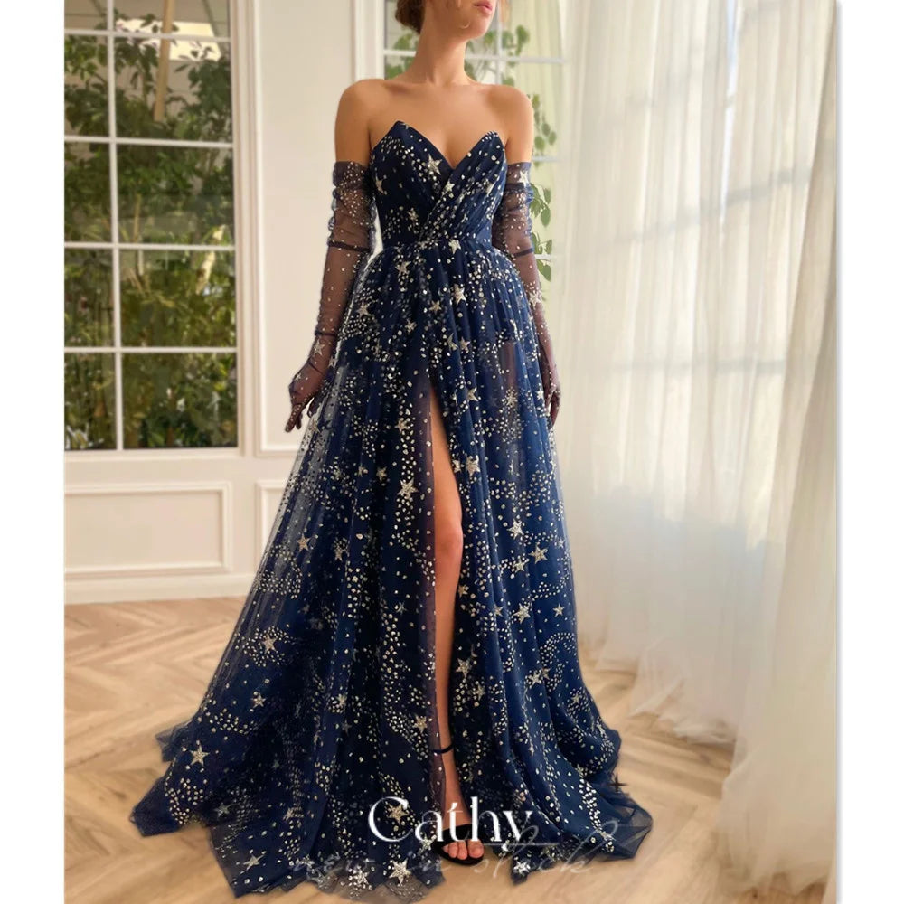 Cathy Fairy A-line فساتين السهرة Dark Blue Star Prom Dress Strapless Customized Party Dresses Sexy Side Split Vestidos De Noche