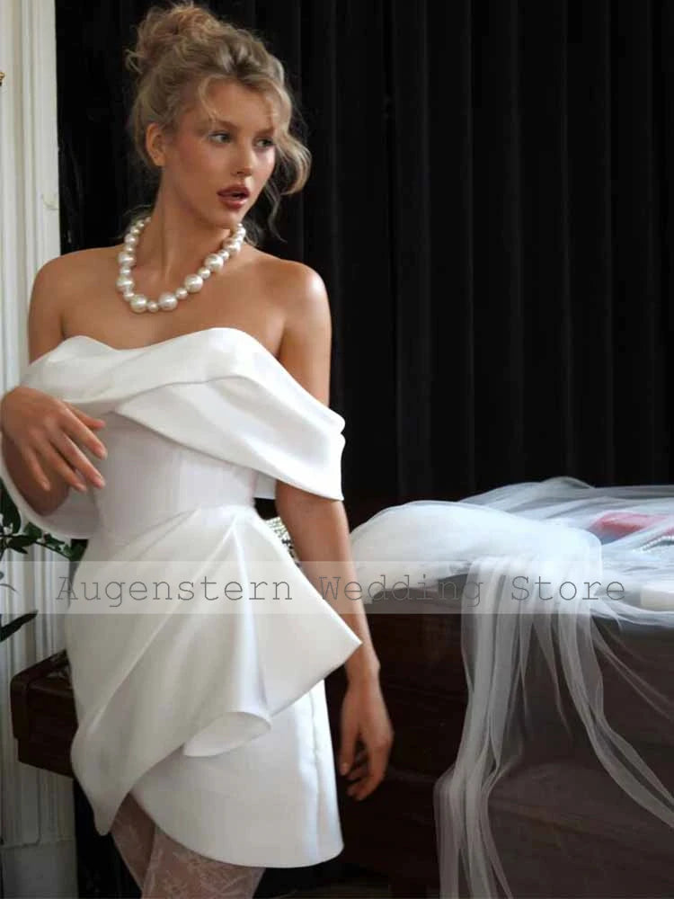 Classy Wedding Party Dresses Mini 2025 Satin Sheath/Column Civil Wedding Dress White Off-the-shoulder Pleat Tiered Short Bridal