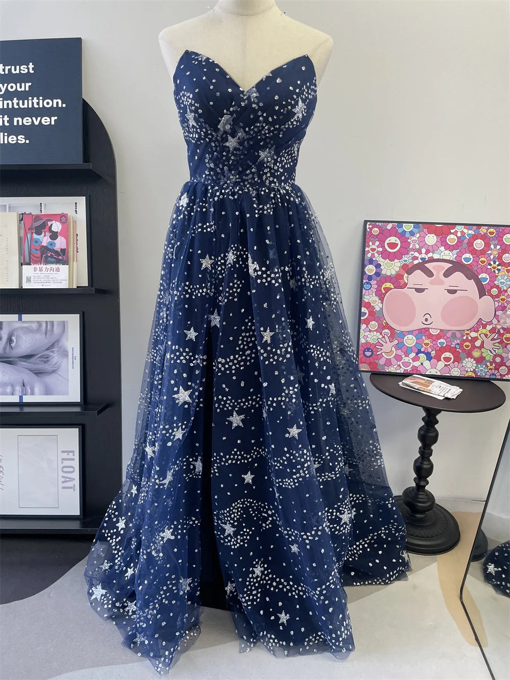 Cathy Fairy A-line فساتين السهرة Dark Blue Star Prom Dress Strapless Customized Party Dresses Sexy Side Split Vestidos De Noche