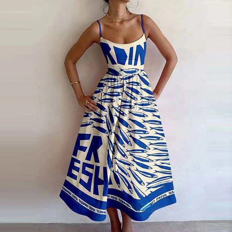 VEITCHE Fashion Women Print Suspenders Blue Ocean Fish Pattern Sexy Long dress New Spring Summer 2025 Temperament Maxi Dresses