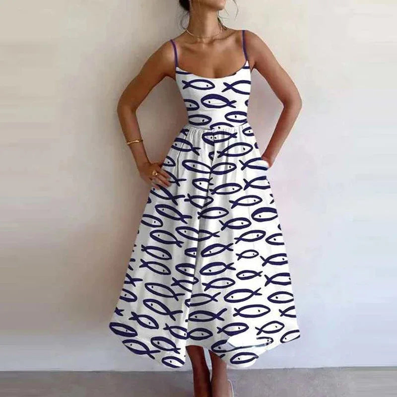 VEITCHE Fashion Women Print Suspenders Blue Ocean Fish Pattern Sexy Long dress New Spring Summer 2025 Temperament Maxi Dresses